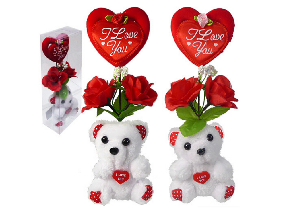 Plush "I Love You" Bears w/ Heart & Silk Roses