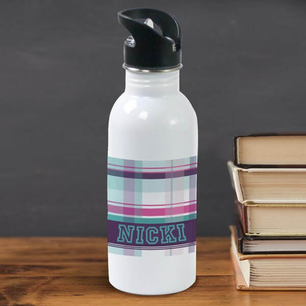 Personalized Purple Plaid Water Bottle