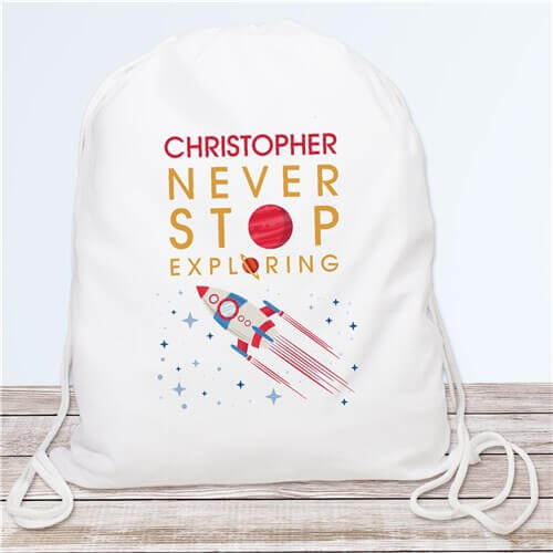 Personalized Never Stop Exploring Drawstring Bag