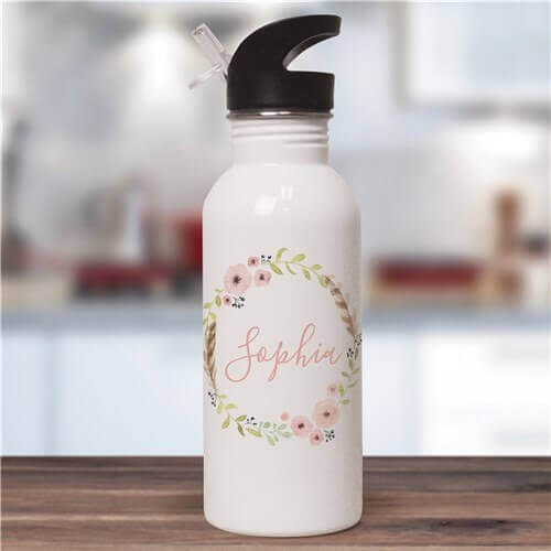 Personalized Flower Wreath Water Bottle