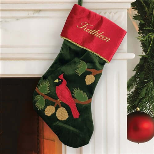 Personalized Embroidered Green Cardinal Christmas Stocking